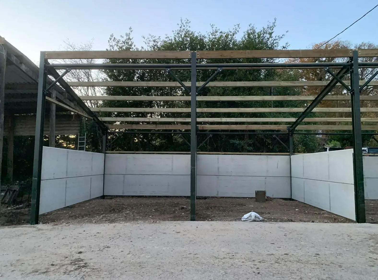 Steel frame erected with concrete panels, front view