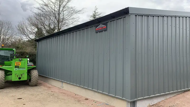 Completed steel clad building with grey cladding